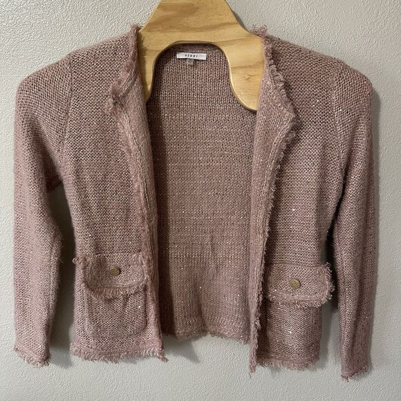 Sioni Knit Sweater Cardigan Size Medium Pink All Over Sequin Fringe Details - Picture 2 of 7